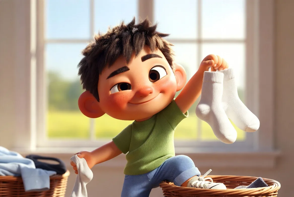 Тёпа бросает использованные носки в корзину и держит чистую пару